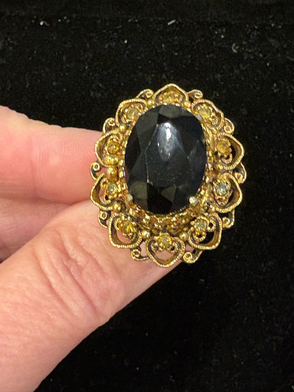 Vintage Florenza Gold Filigree Statement Ring with Black Center Stone Adjustable